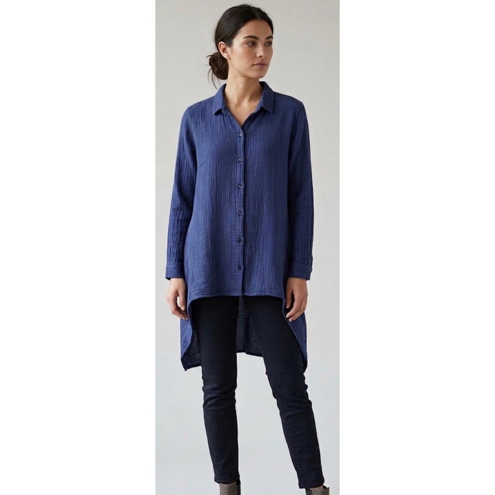 Stark‎ X Blue Cotton Double Gauze High Low Button Down Tunic Top Small
